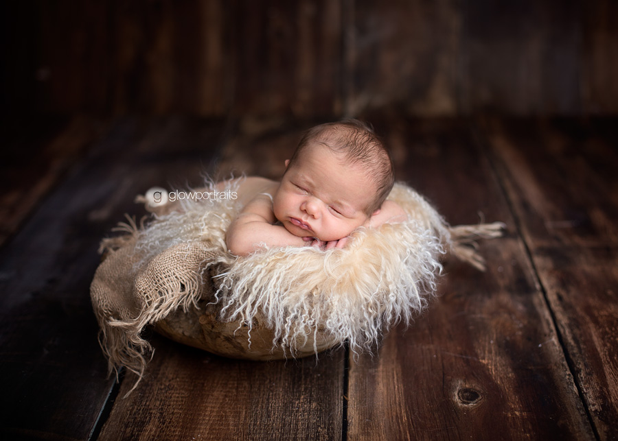 grande prairie newborn photographer newborn baby in wooden bowl
