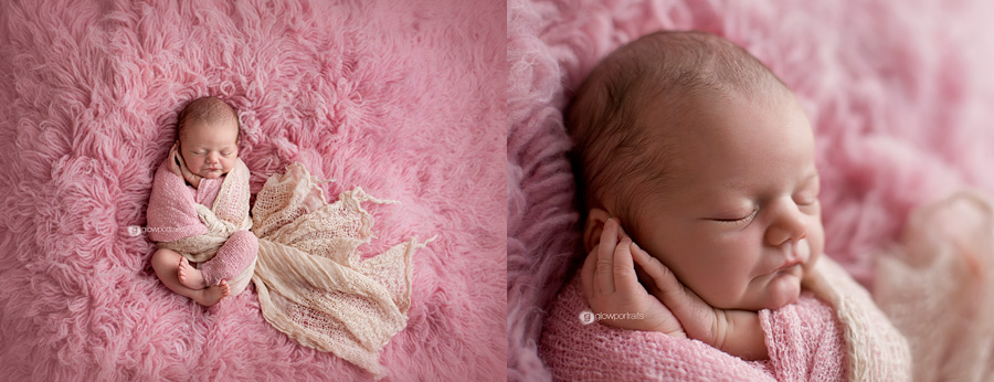 glow portraits newborn on pink fur wrapped