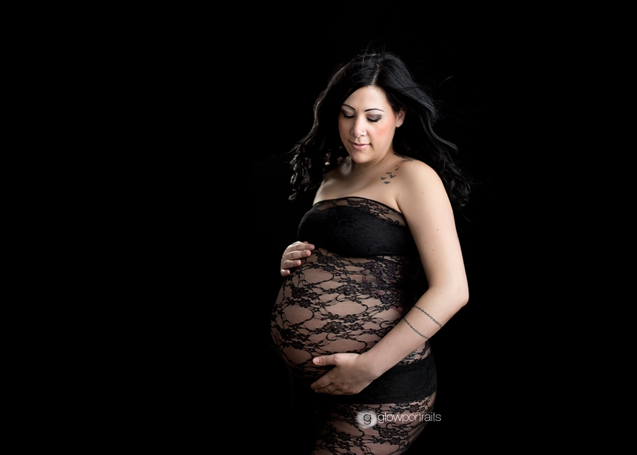 black lace dress in maternity session