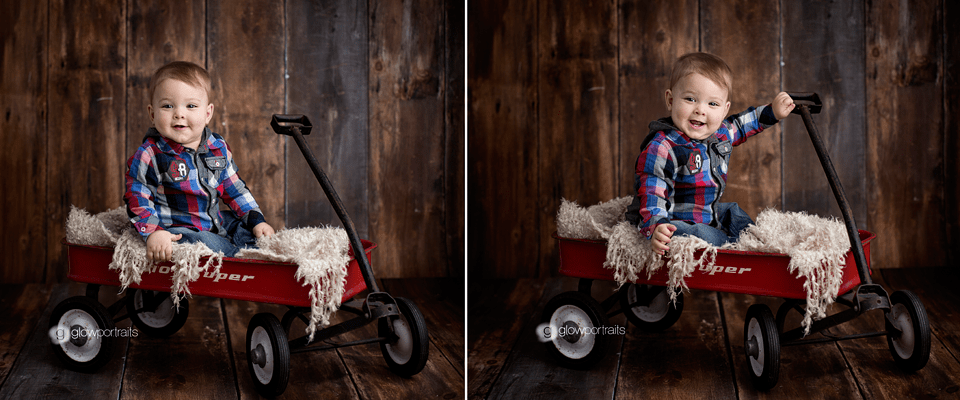 baby boy in red wagon